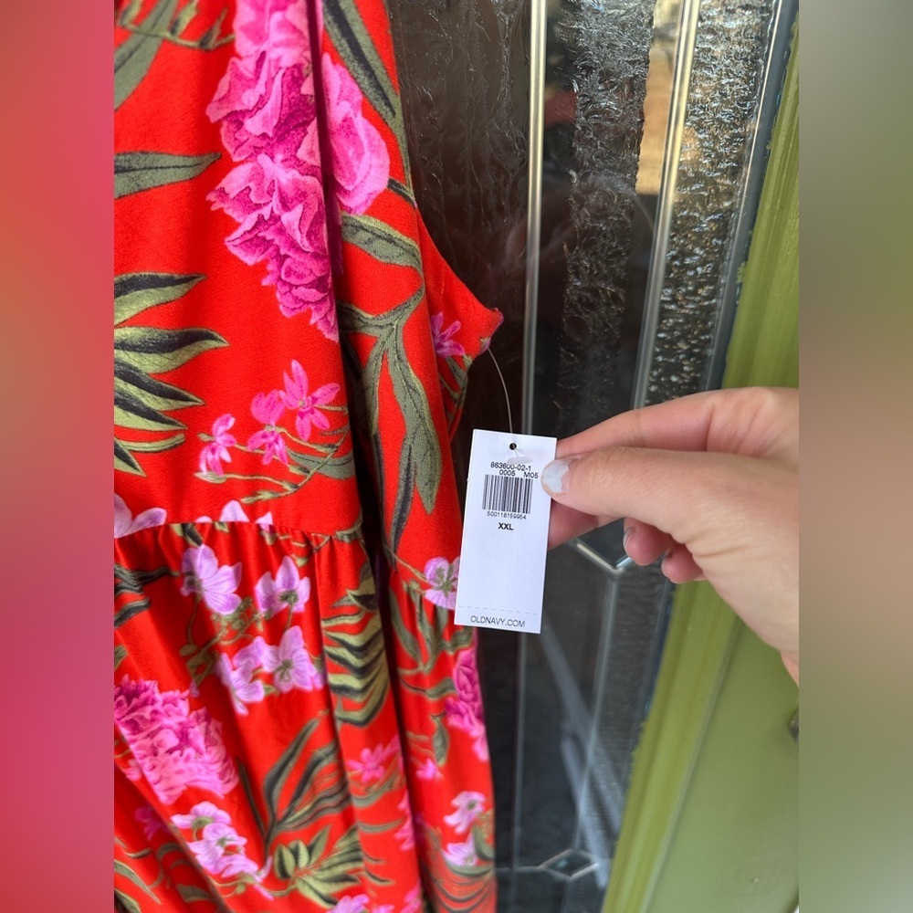 Old Navy XXL Tall Red Floral Cami Dress Spaghetti Strap Elastic Waist Hawaiian - Picture 2 of 5